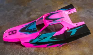 Carrosserie de couleur rose fluo et turquoise pour votre voiture radiocommandée de modélisme brushless ou thermique. Mugen, Hobao, Hobbytech, Hotbodies.