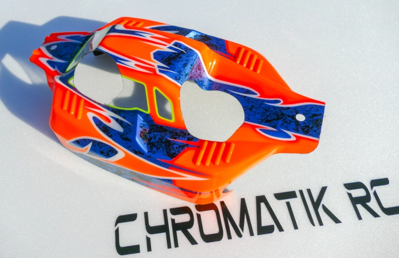 Peinture pour carrosserie de buggy 1/8 composée de 3 couleurs avec un mélange d’un design très arrondi devant et droit derrière.