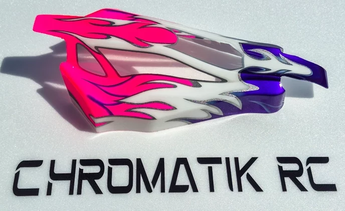 Chromatikrc est une entreprise de prestation de peinture pour voiture radiocommandée truggy, piste, buggy, 1/10, 1/8, jconcepts, 6mik, vp design, faziom design